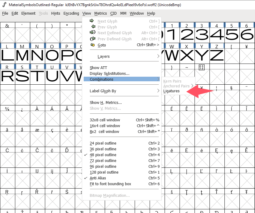 FontForge 查看连字的路径